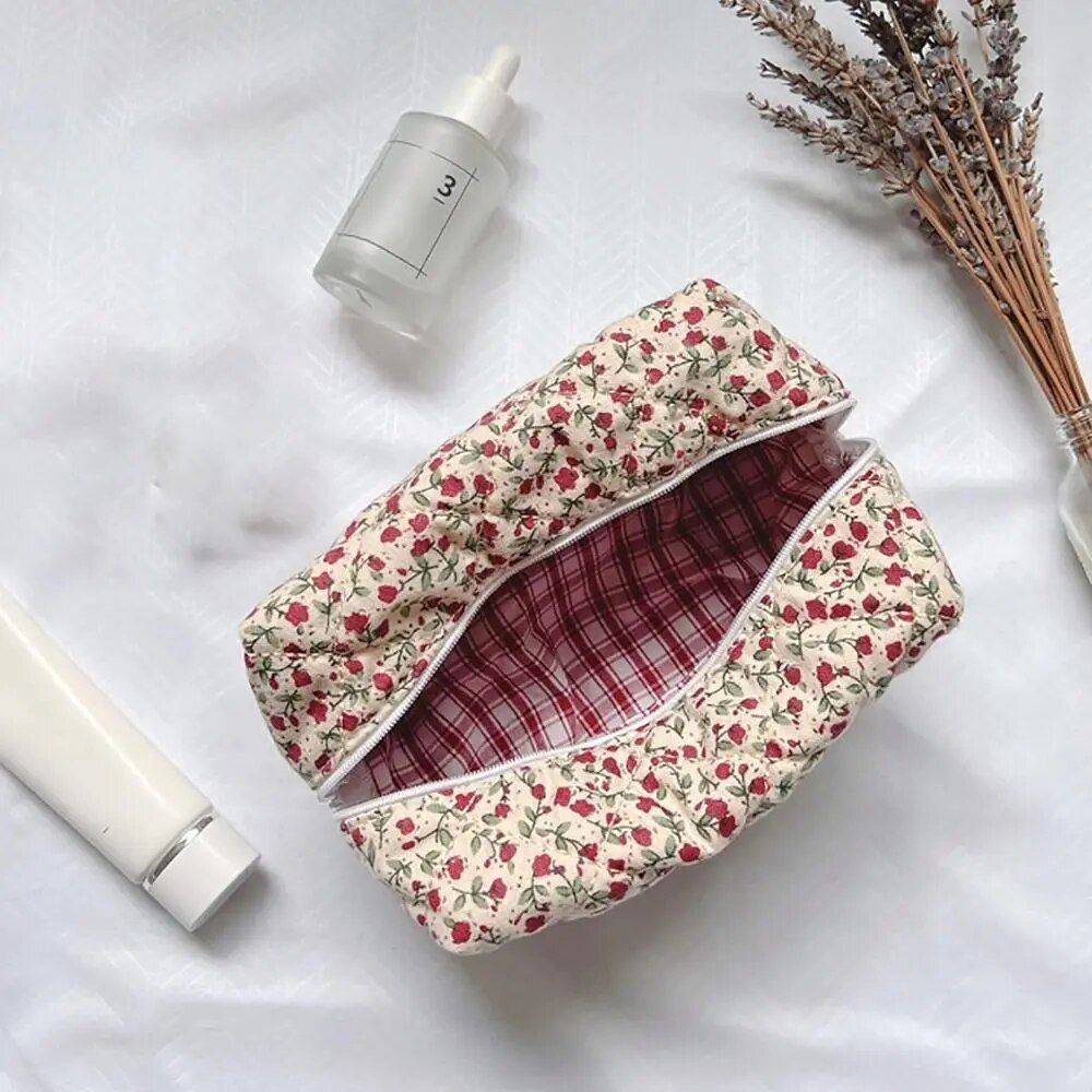 Floral Elegance Quilted Makeup Organizer - Versatile Cosmetic Pouch for Travel & Daily Use Health & Beauty Makeup Color: RED 