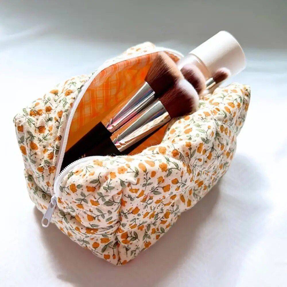 Floral Elegance Quilted Makeup Organizer - Versatile Cosmetic Pouch for Travel & Daily Use Health & Beauty Makeup Color: ORANGE 