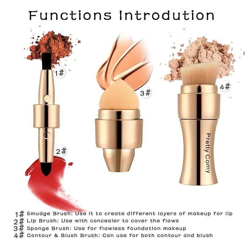 4-in-1 Multi-functional Makeup Brush Set: Foundation, Eyebrow, Shadow, Concealer, Eyeliner, Blush, & Powder Health & Beauty Makeup Handle Color : Gold  