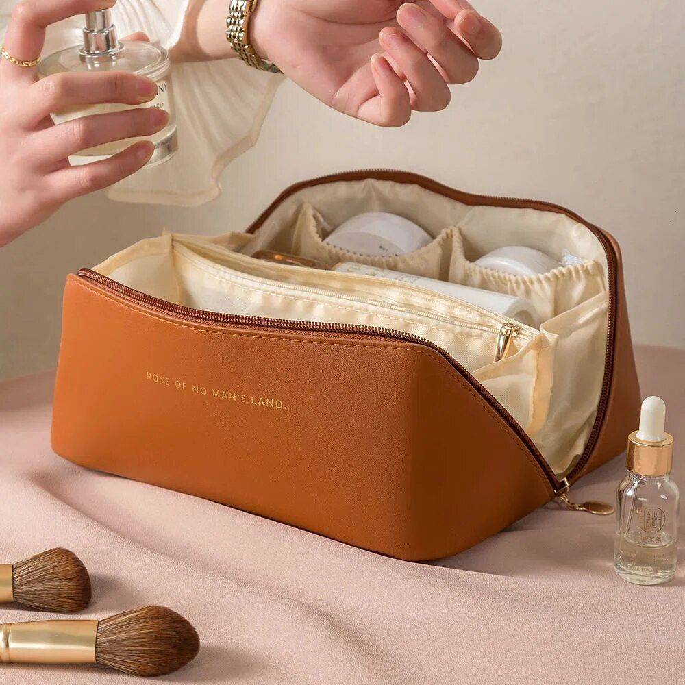 Elegant Leather Travel Cosmetic Bag - Zippered Make-Up Organizer for Women Health & Beauty Makeup Color : Dark Brown|Black|White|Pink 