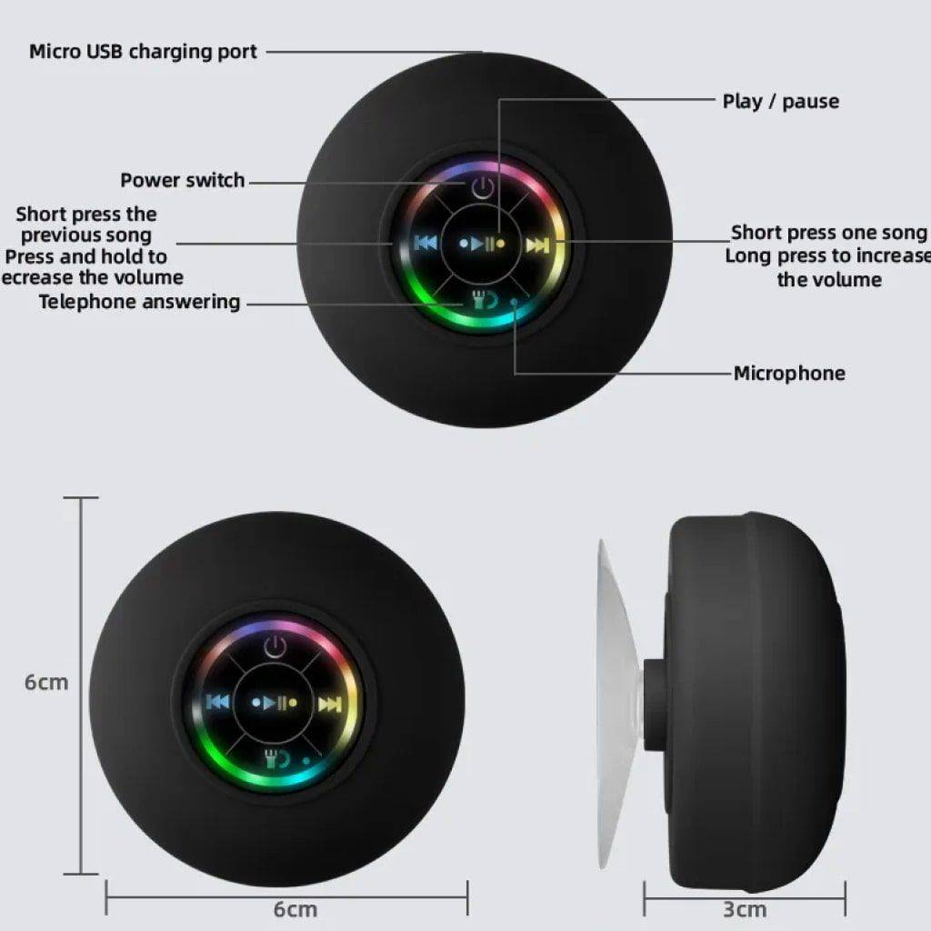 Waterproof Bluetooth Shower Speaker with LED Lights & 3D Surround Sound Bluetooth Speakers Gadgets Color : Black 