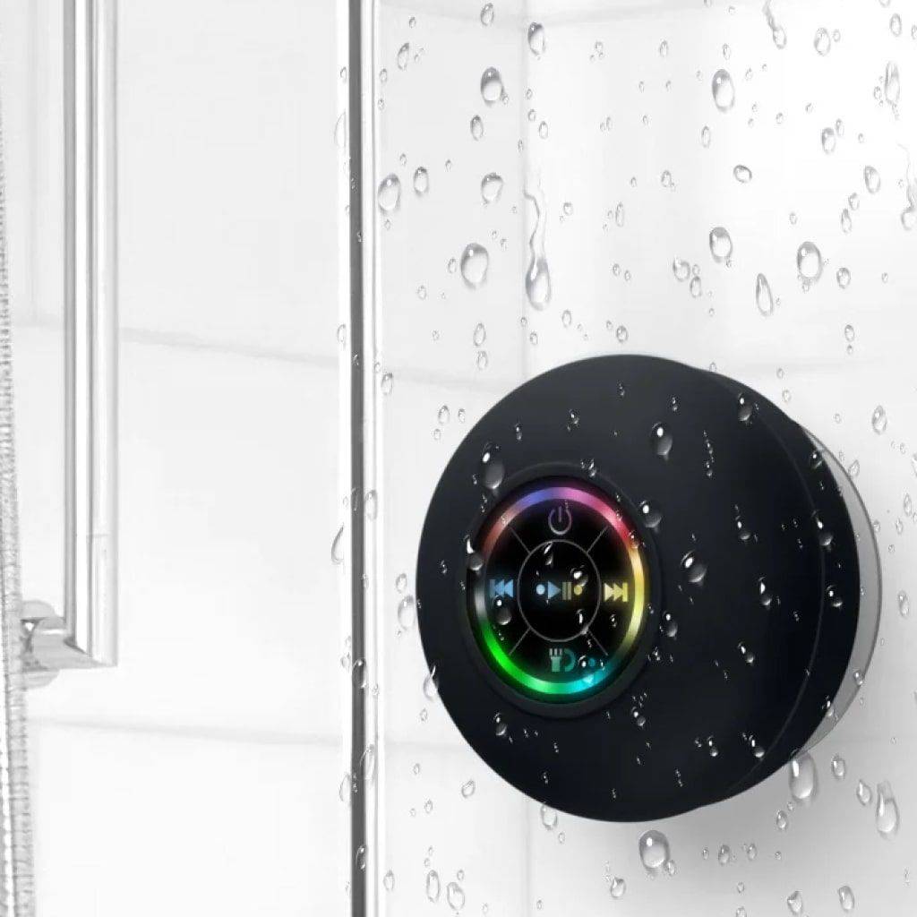 Waterproof Bluetooth Shower Speaker with LED Lights & 3D Surround Sound Bluetooth Speakers Gadgets Color : Black 