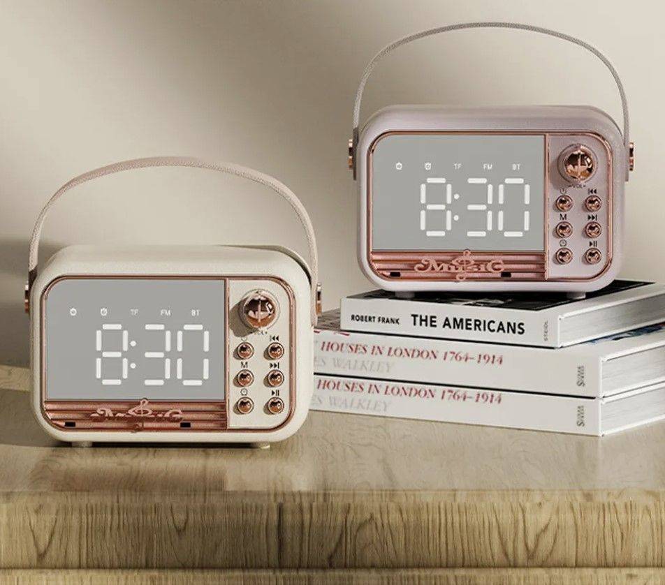 Retro-Style Portable HiFi Wireless Speaker with Alarm Clock and Stereo Sound Bluetooth Speakers Gadgets Color : Beige|Pink 