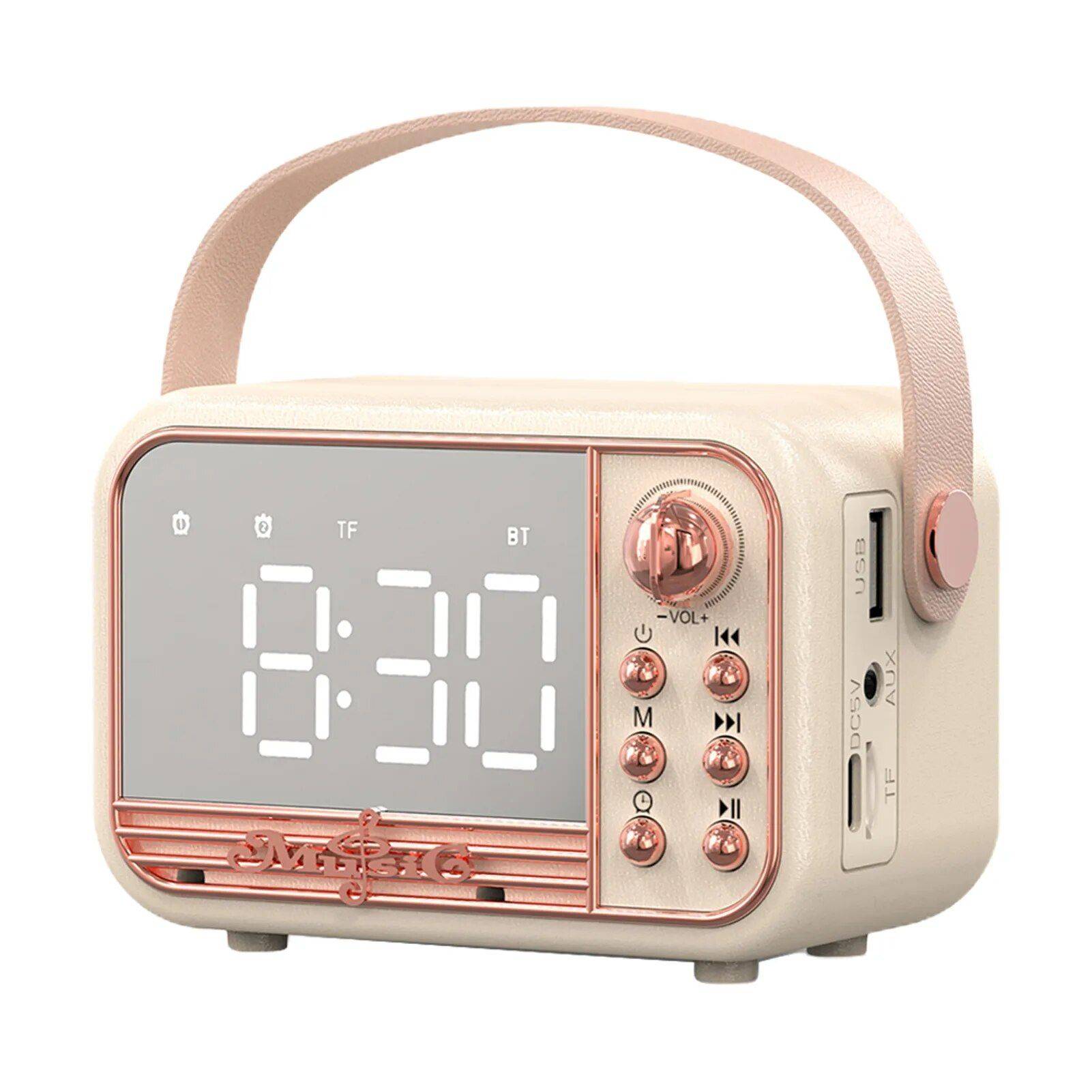 Retro-Style Portable HiFi Wireless Speaker with Alarm Clock and Stereo Sound Bluetooth Speakers Gadgets Color : Beige|Pink 