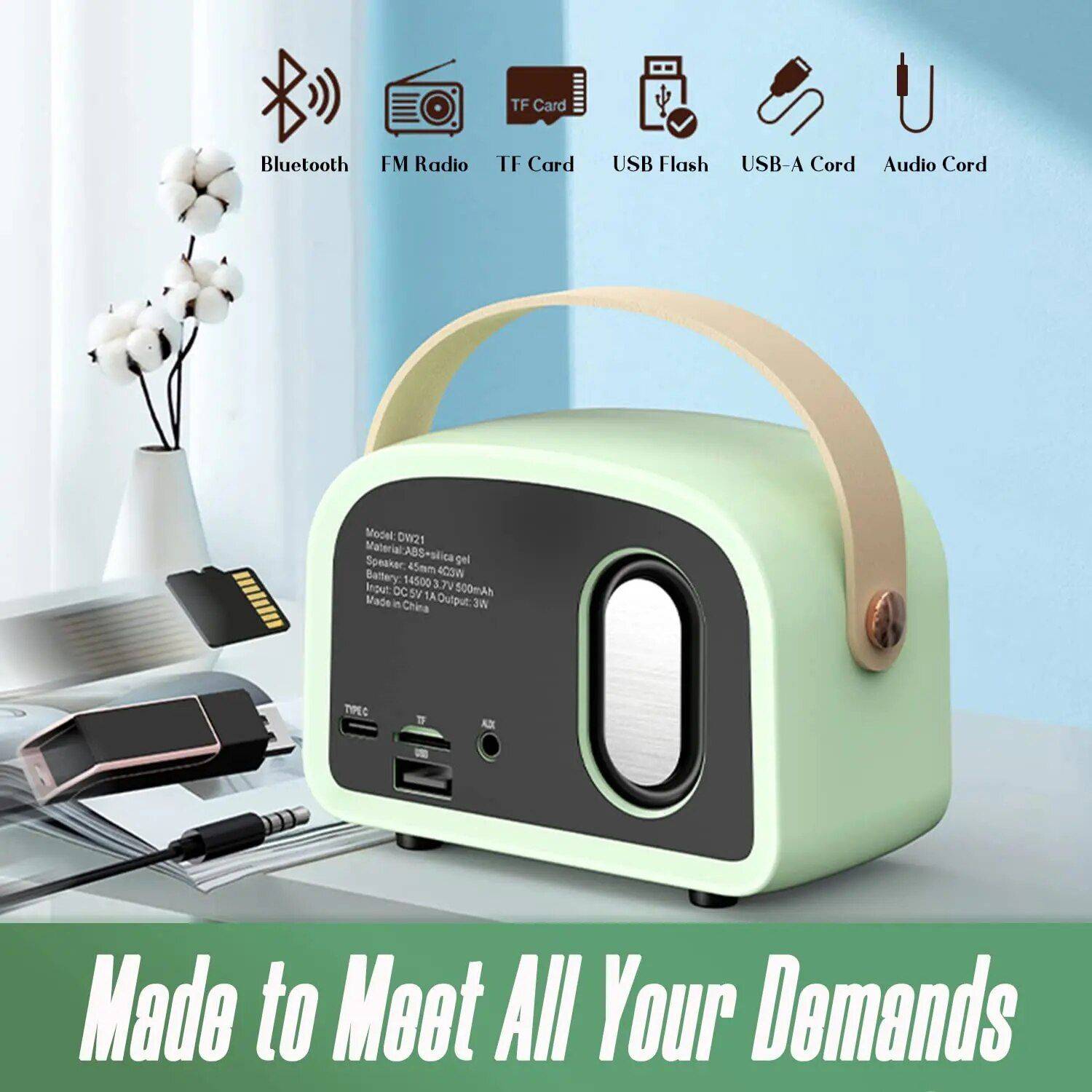 Retro Mini Wireless Speaker with FM Radio & TWS Bluetooth 5.0 Bluetooth Speakers Gadgets Color : Mint Green|Dark Green|Pink|Pearl White 