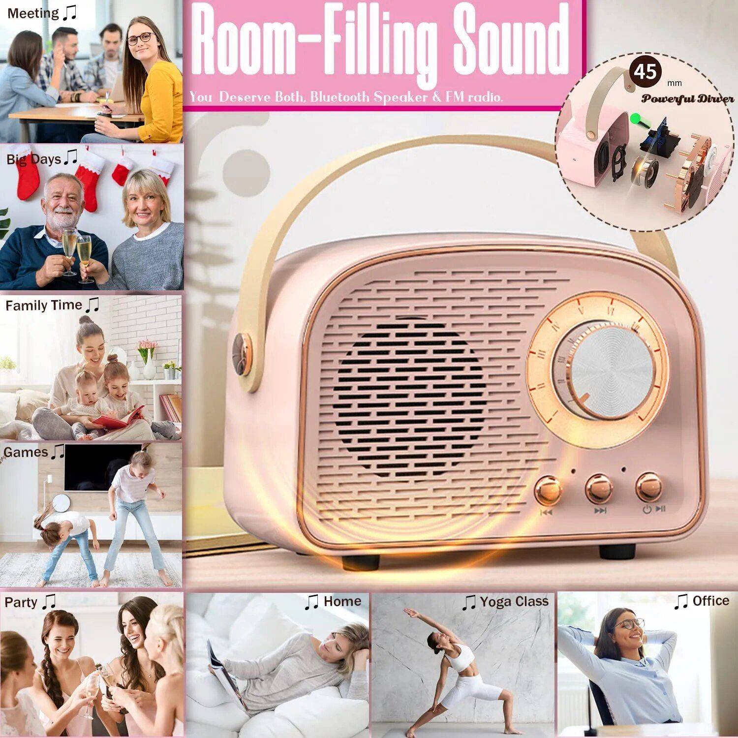 Retro Mini Wireless Speaker with FM Radio & TWS Bluetooth 5.0 Bluetooth Speakers Gadgets Color : Mint Green|Dark Green|Pink|Pearl White 