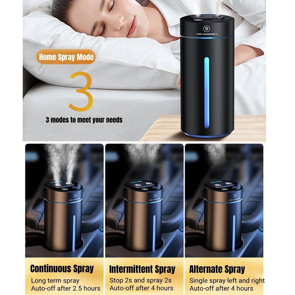 Compact 380ML Double Spray USB Car Air Humidifier and Essential Oil Diffuser with Colorful Mood Lighting Car Electronics Gadgets Color : Black 