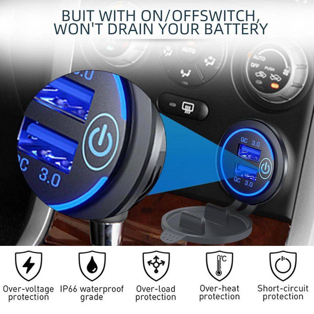 Quick Charge 3.0 Waterproof Dual USB Car Charger with LED Touch Switch Car Electronics Gadgets Color : Blue 