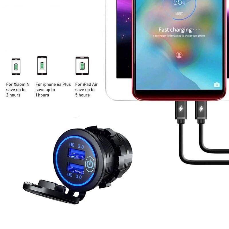 Quick Charge 3.0 Waterproof Dual USB Car Charger with LED Touch Switch Car Electronics Gadgets Color : Blue 