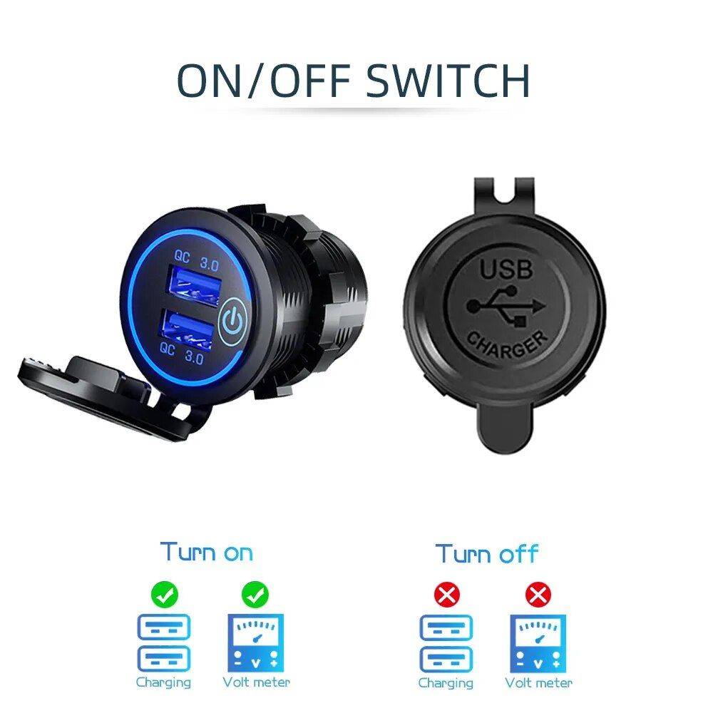 Quick Charge 3.0 Waterproof Dual USB Car Charger with LED Touch Switch Car Electronics Gadgets Color : Blue 