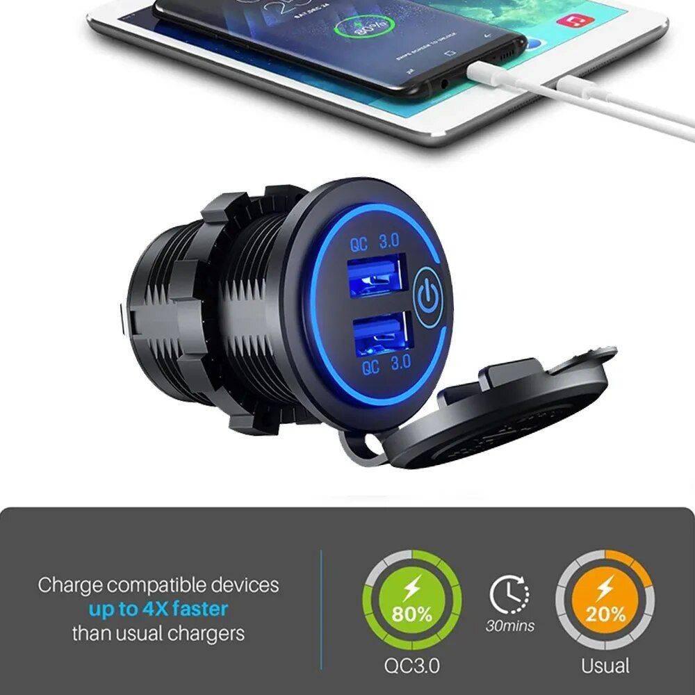 Quick Charge 3.0 Waterproof Dual USB Car Charger with LED Touch Switch Car Electronics Gadgets Color : Blue 