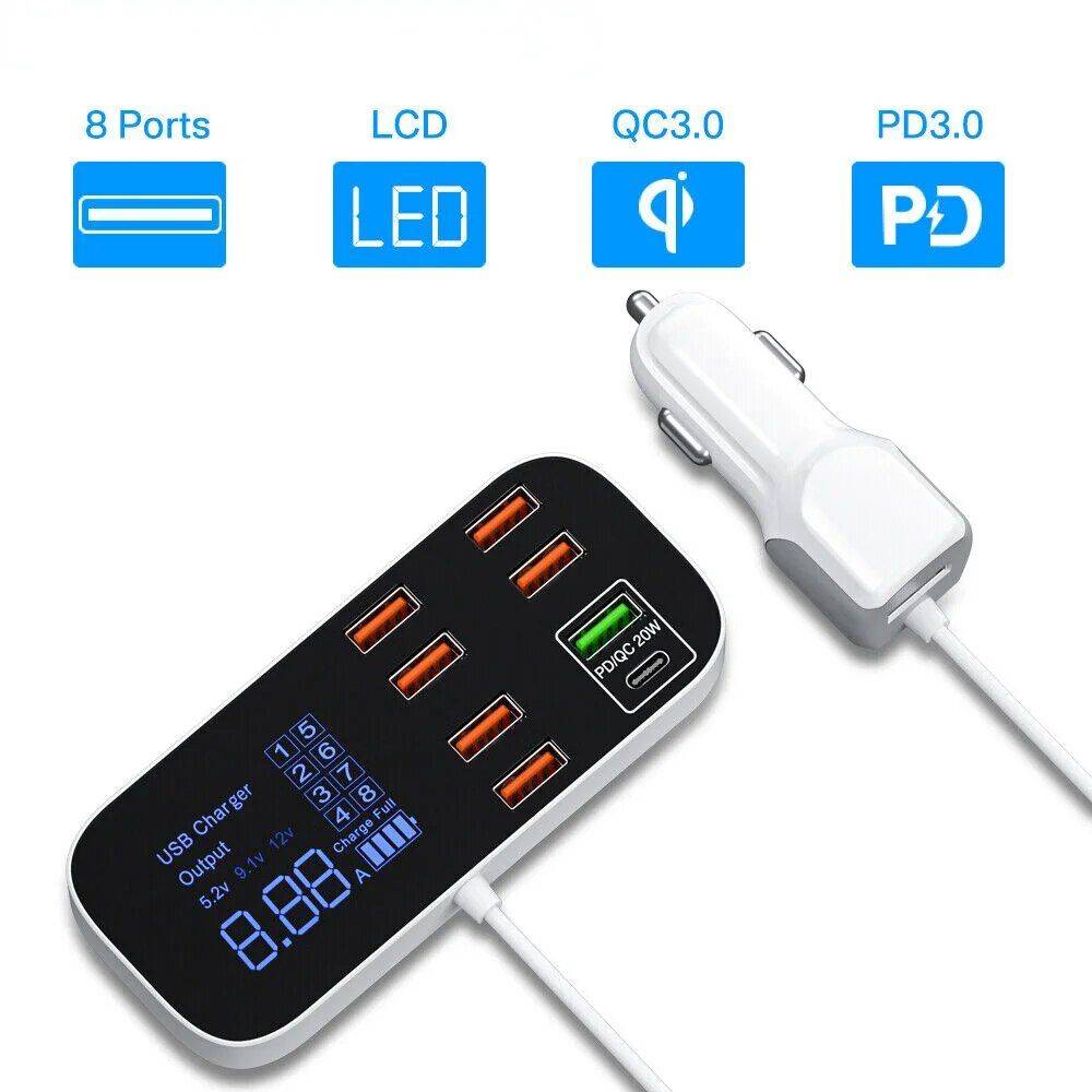 8-Port USB Car Charger with PD, QC3.0 & LED Display Car Electronics Gadgets Type : A9S|A9S PD 