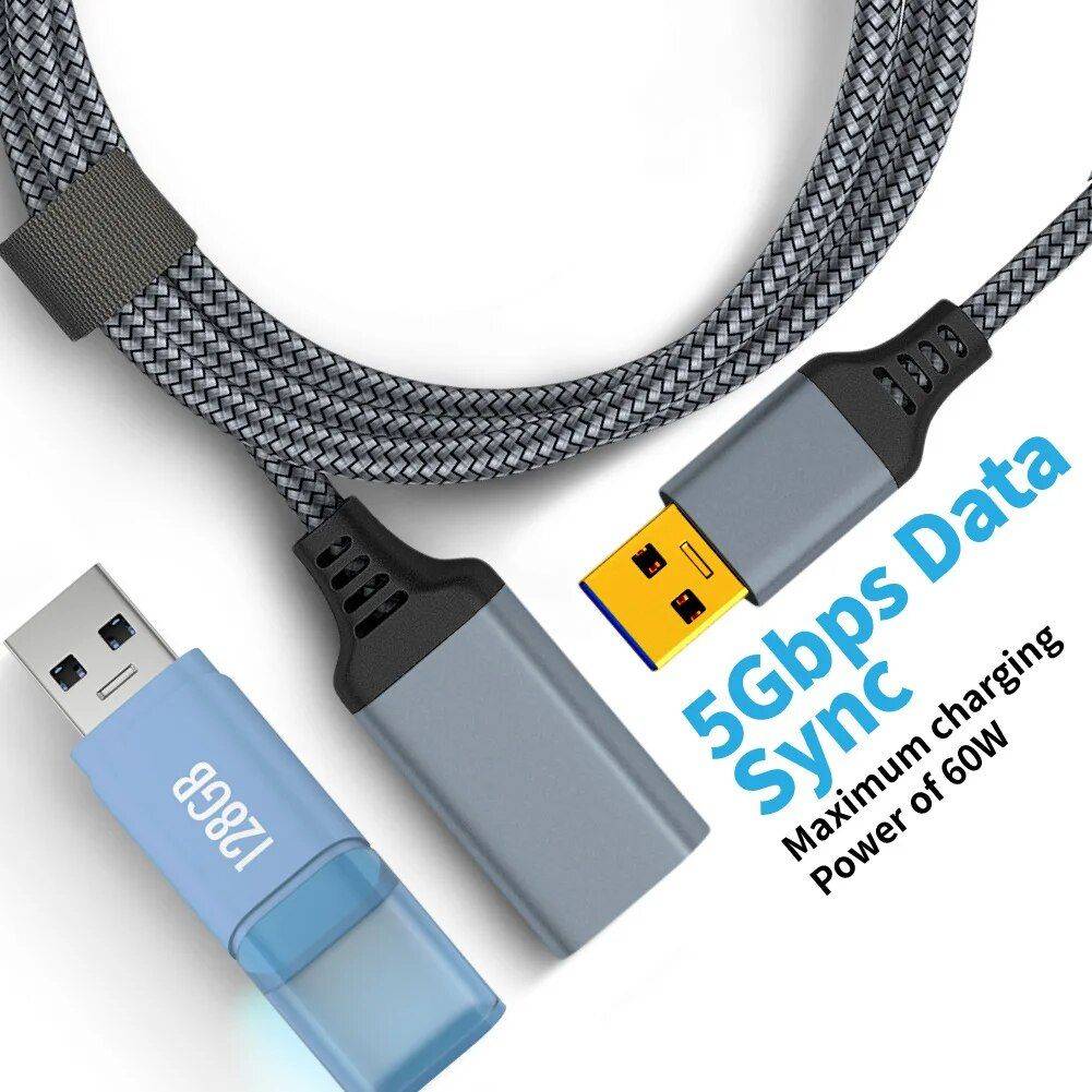 Nylon Braided USB 3.0 Extension Cable - High-Speed Data Transfer for Computers, Cameras, Printers, and More Chargers Gadgets Color : Gray 