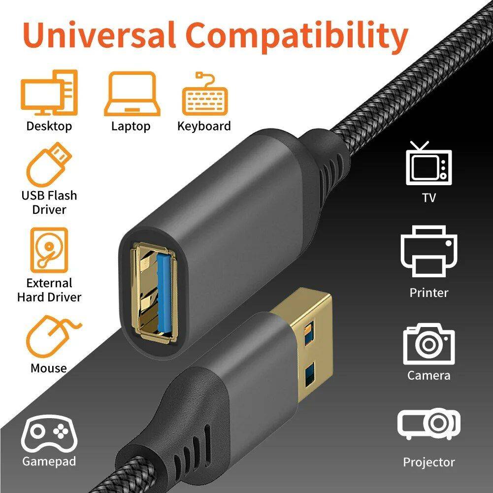 Nylon Braided USB 3.0 Extension Cable - High-Speed Data Transfer for Computers, Cameras, Printers, and More Chargers Gadgets Color : Gray 