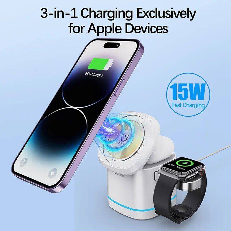 3-in-1 Transparent Magnetic 15W Wireless Charging Stand for iPhone, Airpods Pro, and Watch SE Chargers Gadgets Color : White|Gray 