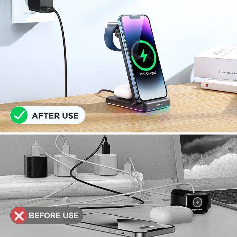 3-in-1 Foldable Wireless Charging Station: Fast Dual Coil Charger for Phones, Apple Watch, and Airpods Best Sellers Chargers Gadgets Color : Black 