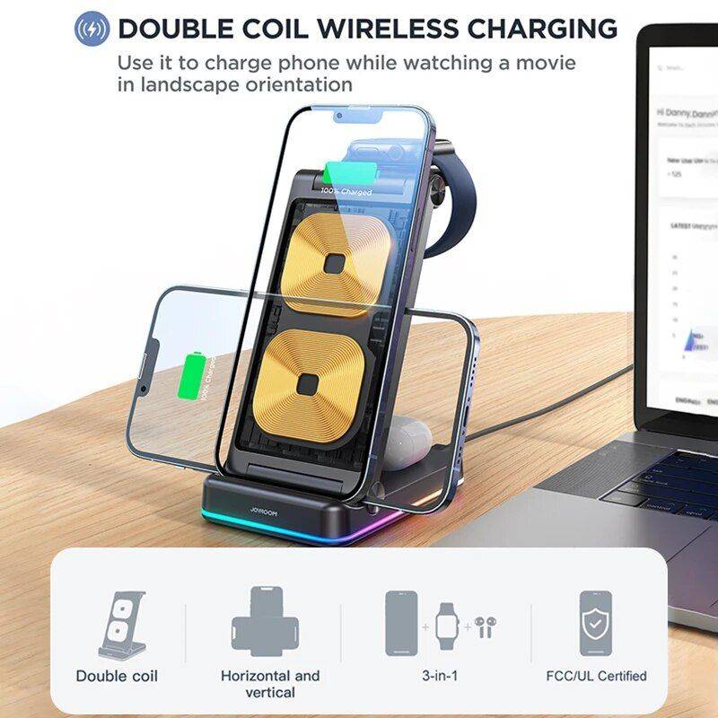 3-in-1 Foldable Wireless Charging Station: Fast Dual Coil Charger for Phones, Apple Watch, and Airpods Best Sellers Chargers Gadgets Color : Black 