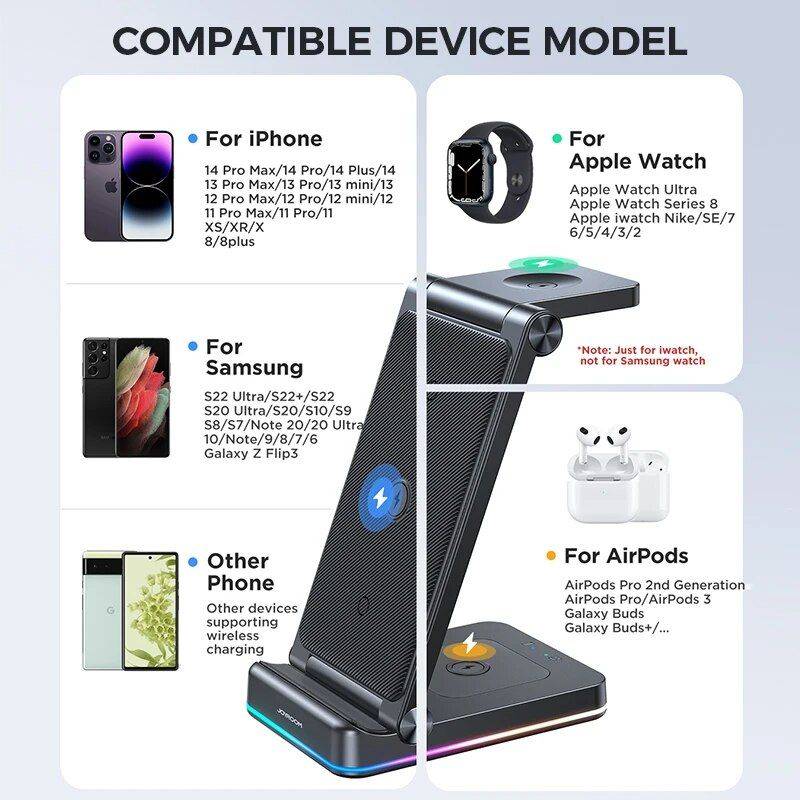 3-in-1 Foldable Wireless Charging Station: Fast Dual Coil Charger for Phones, Apple Watch, and Airpods Best Sellers Chargers Gadgets Color : Black 