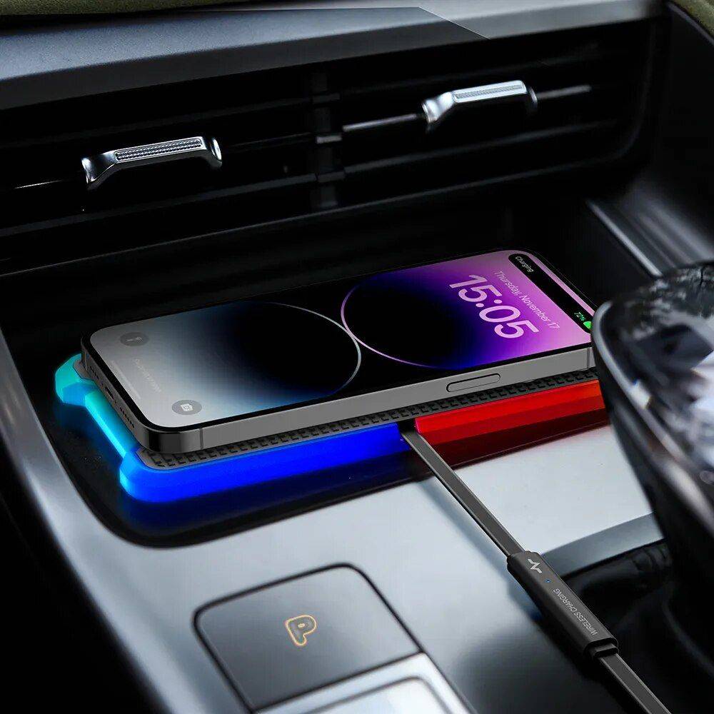 Universal Silicone Car Wireless Charger with LED Light & Non-slip Pad Chargers Gadgets Set : 30cm USB and Plug 