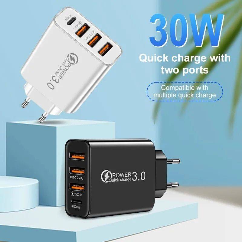 3-Port Adapter with Fast Charging Function Chargers Gadgets Plug Type : White US|Black EU|White EU|Black US 