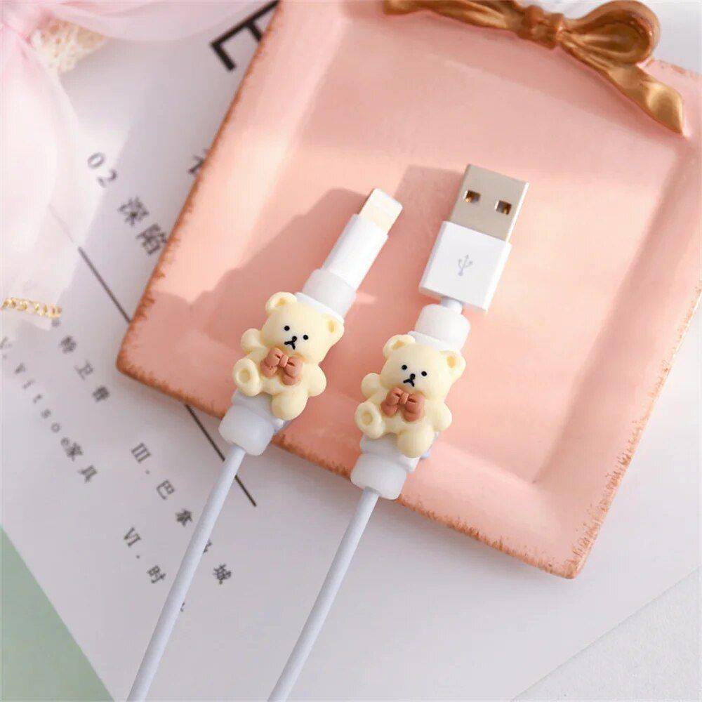 Cute Cartoon Cable Protector & Organizer Chargers Gadgets Variation : Rabbit with Strawberry|Flower|Bear with Bubble Tea|Rabbit|Bear|White Rabbit with Strawberry|White Flower|White Bear with Bubble Tea|White Rabbit|White Bear 