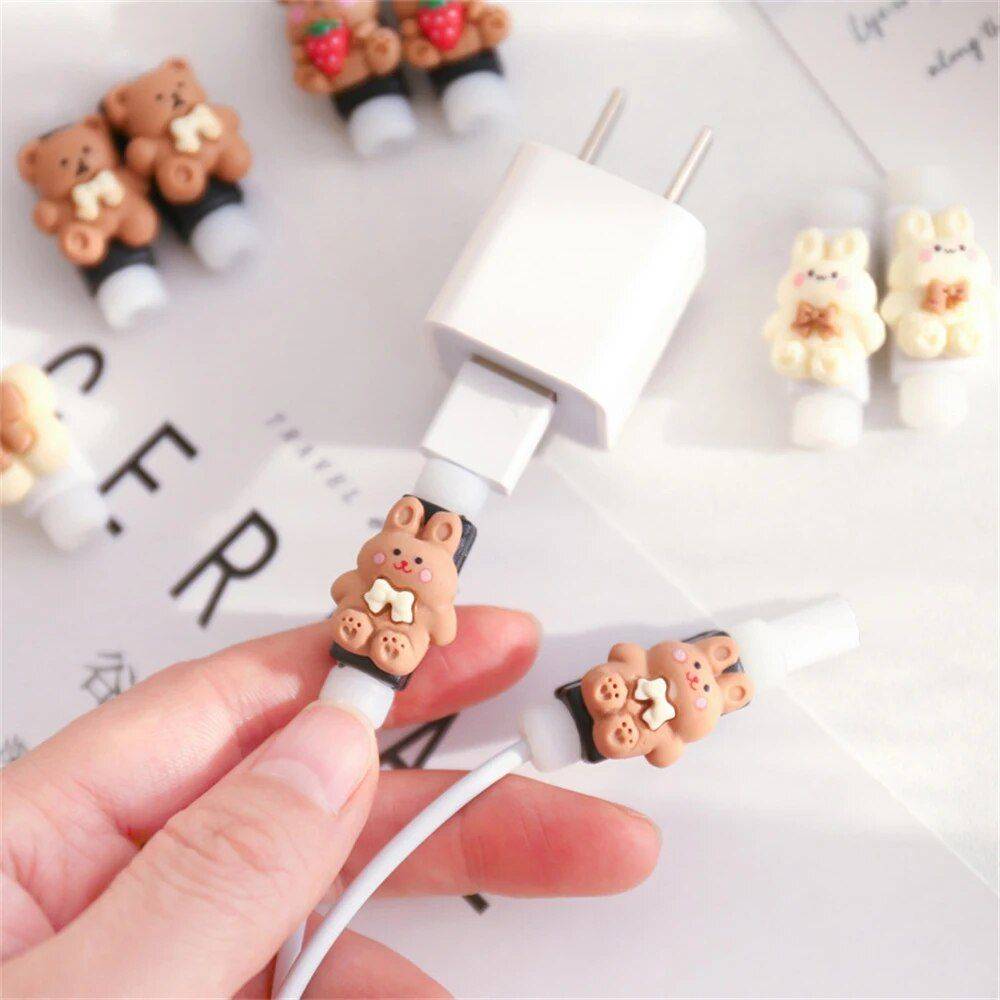 Cute Cartoon Cable Protector & Organizer Chargers Gadgets Variation : Rabbit with Strawberry|Flower|Bear with Bubble Tea|Rabbit|Bear|White Rabbit with Strawberry|White Flower|White Bear with Bubble Tea|White Rabbit|White Bear 