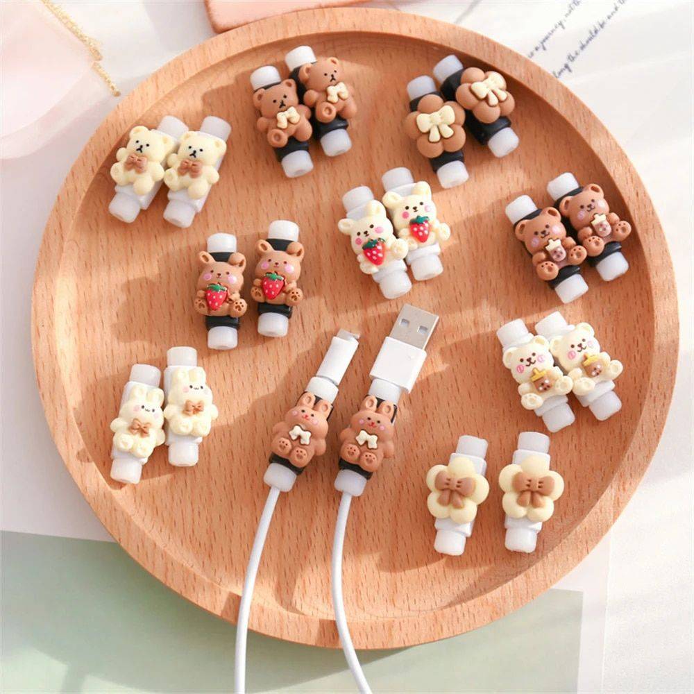 Cute Cartoon Cable Protector & Organizer Chargers Gadgets Variation : Rabbit with Strawberry|Flower|Bear with Bubble Tea|Rabbit|Bear|White Rabbit with Strawberry|White Flower|White Bear with Bubble Tea|White Rabbit|White Bear 