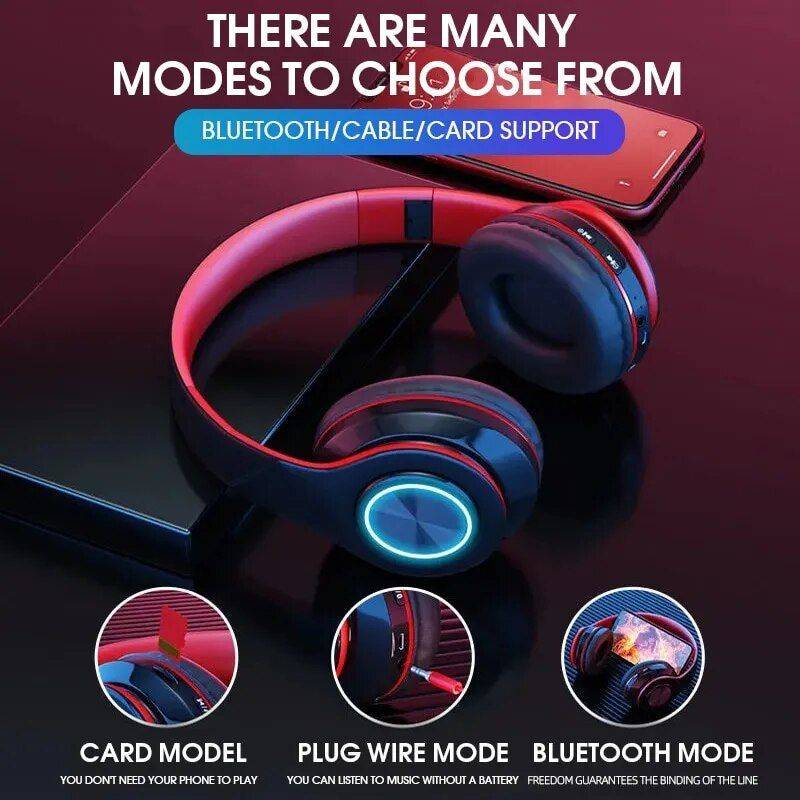 Wireless Bluetooth Headphones with Colorful Lights and Pluggable Card Game Feature Gadgets Headphones Color : Blue|Black|White|Black and red 