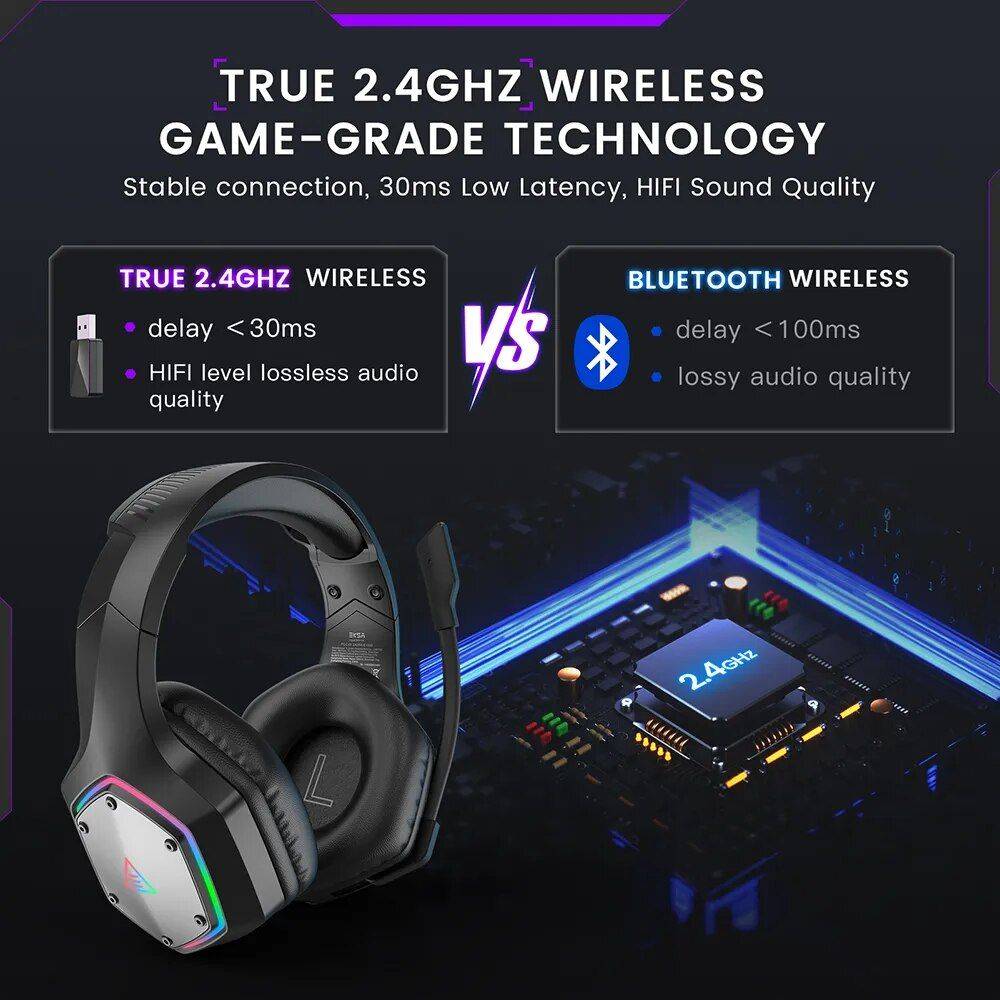 2.4GHz Wireless Gaming Headset with 7.1 Surround, ENC Mic & RGB Lighting for PC/PS4/PS5/Xbox Gadgets Headphones Color : Black 