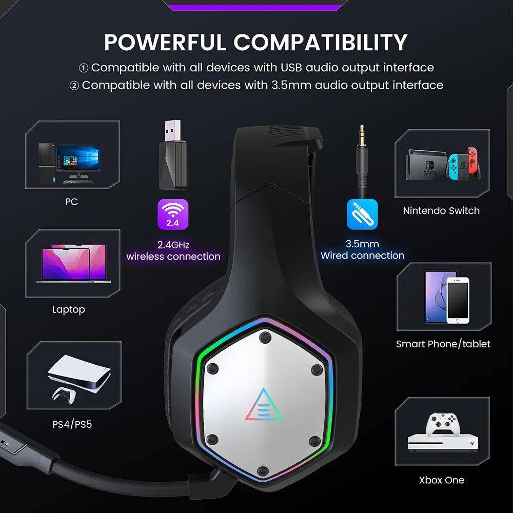 2.4GHz Wireless Gaming Headset with 7.1 Surround, ENC Mic & RGB Lighting for PC/PS4/PS5/Xbox Gadgets Headphones Color : Black 