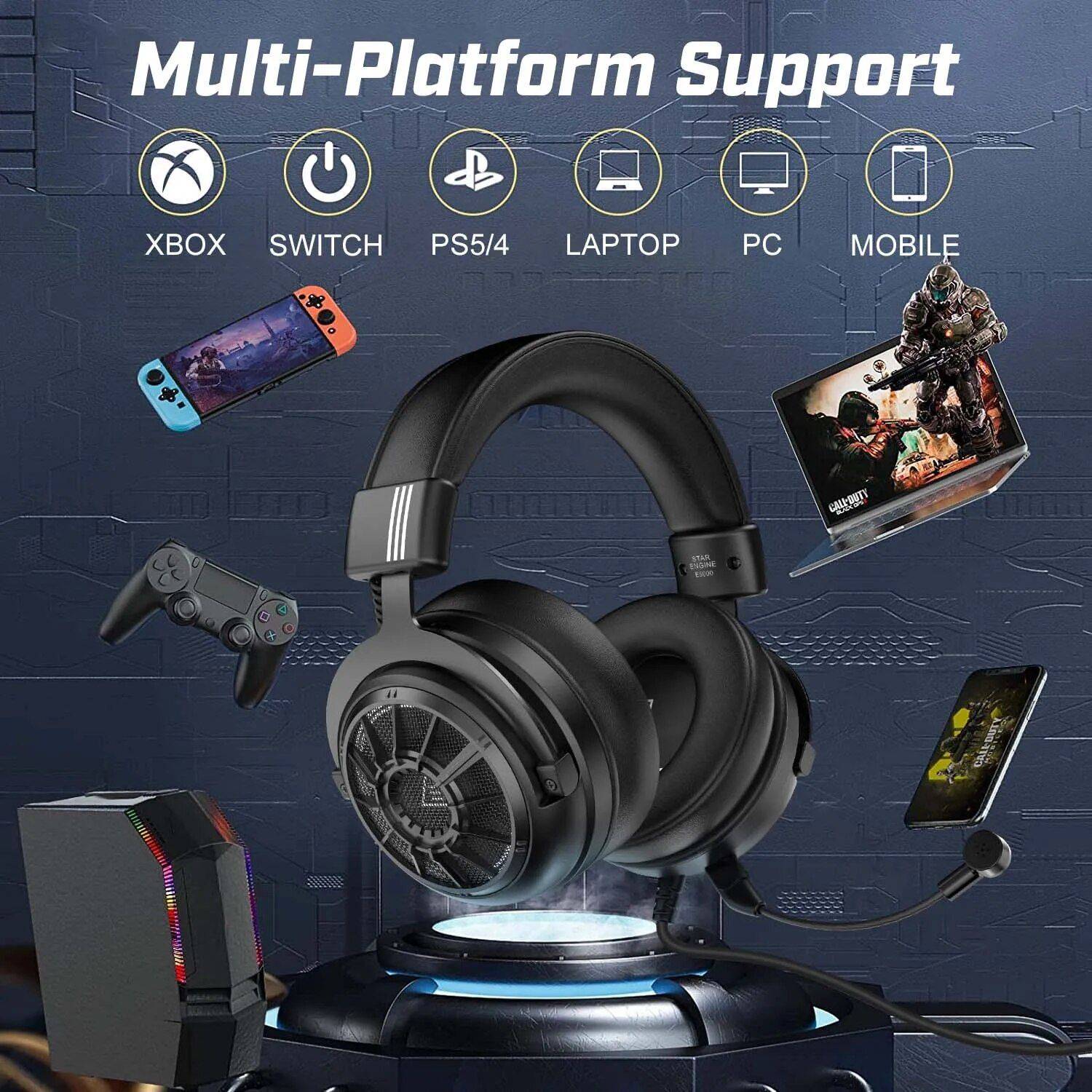 Wired 3D Surround Stereo Gaming Headset with Detachable Mic for Multi-Platform Gadgets Headphones Color : Black 