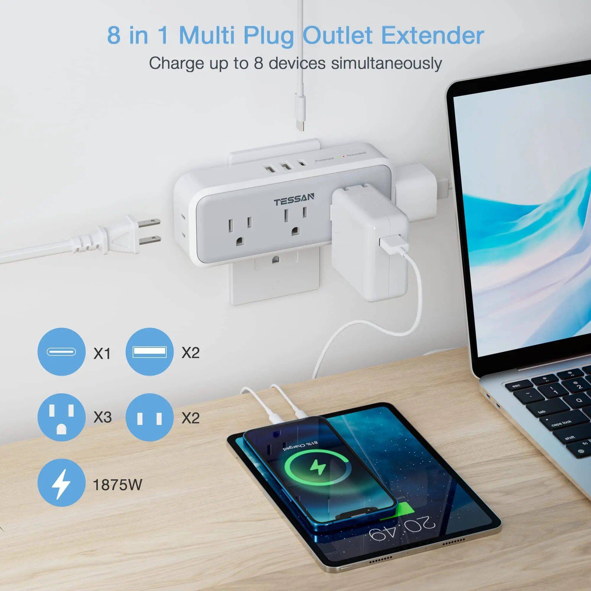 8-in-1 Multi-Plug Outlet Extender with USB Ports & Surge Protection Home Electronics Smart Home  