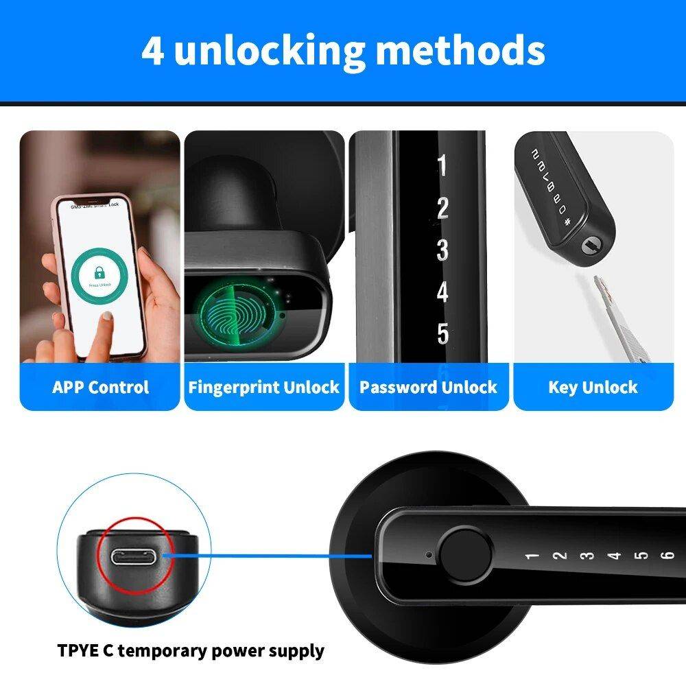 Smart 4-in-1 Fingerprint Door Lock with App Control & Key Access Home Electronics Smart Home  