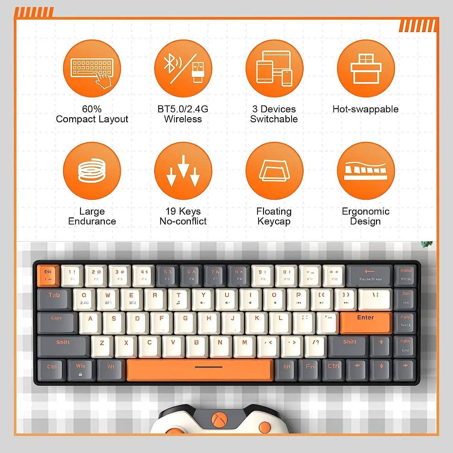 60% Dual Mode Bluetooth & 2.4Ghz Wireless Mechanical Keyboard Gadgets Keyboards & Mice Color : White|Gray|Black 