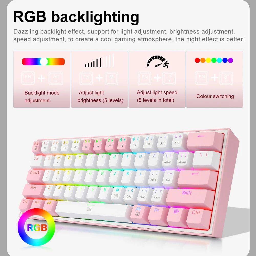 Compact RGB Mechanical Gaming Keyboard - 61 Key, Hot-Swappable Red Switches, USB Mini for PC/Laptop Gadgets Keyboards & Mice Color : K617RGB|K617RGB-WG|K617RGB-WP 