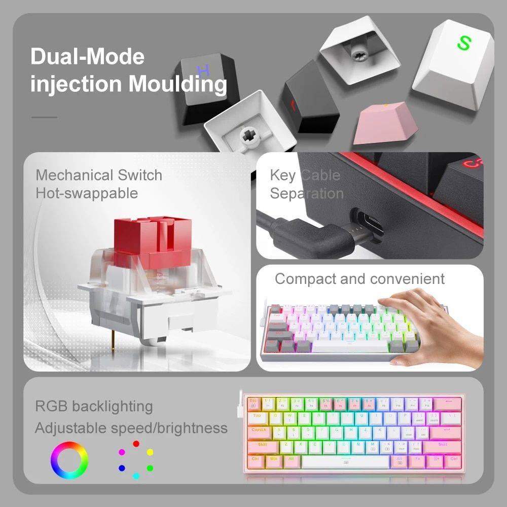 Compact RGB Mechanical Gaming Keyboard - 61 Key, Hot-Swappable Red Switches, USB Mini for PC/Laptop Gadgets Keyboards & Mice Color : K617RGB|K617RGB-WG|K617RGB-WP 