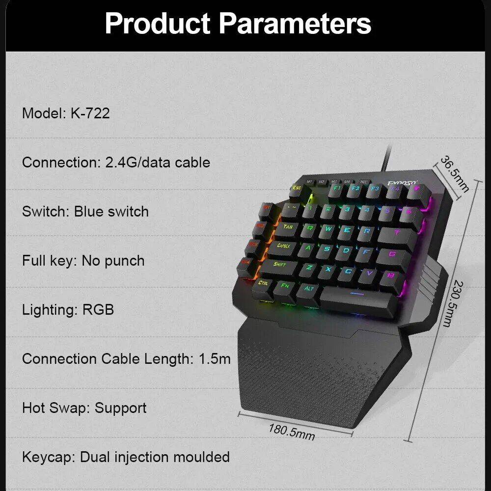 Wireless Mini One-handed RGB Mechanical Gaming Keyboard with 44 Keys & Blue Switch Best Sellers Gadgets Keyboards & Mice Color : Black 