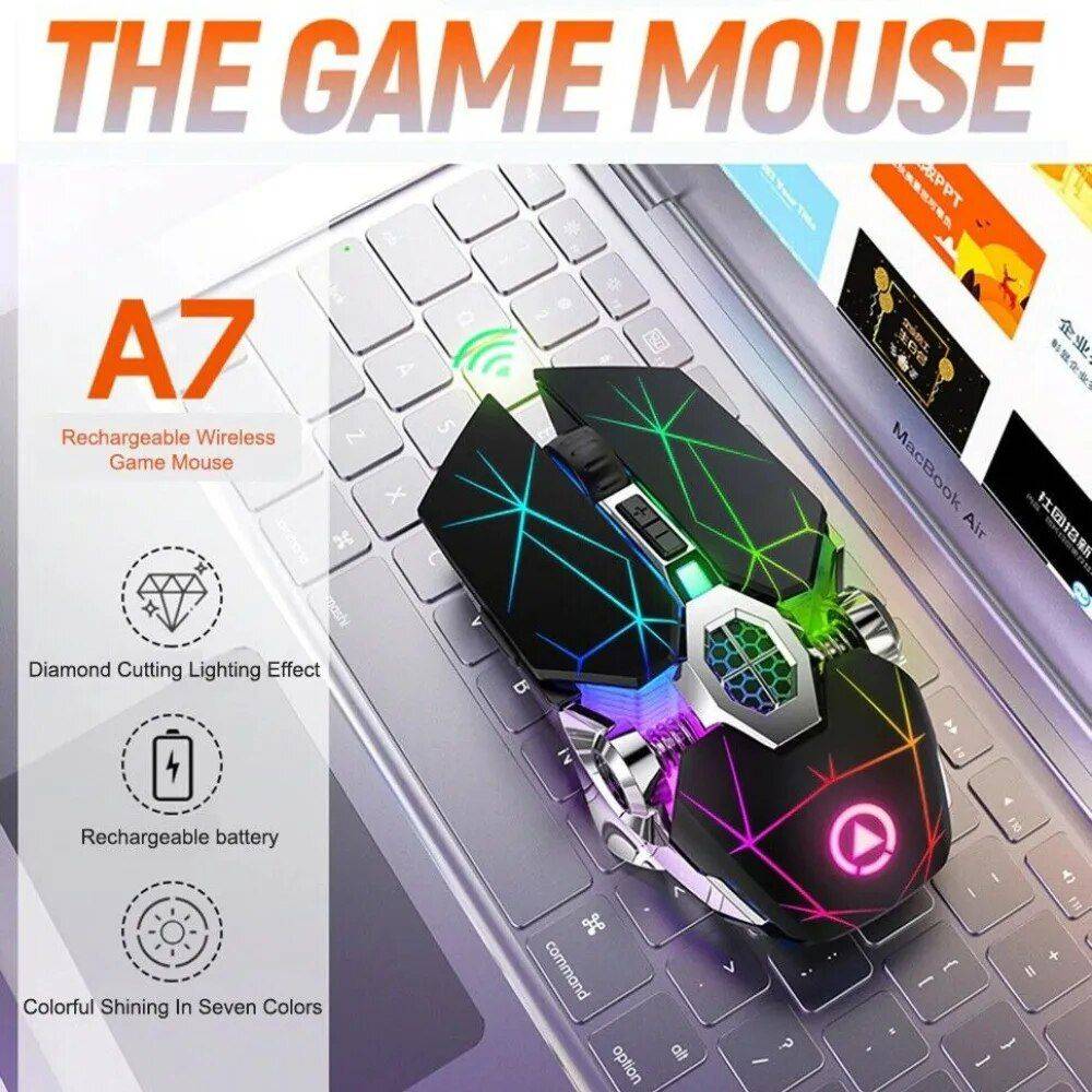 Wireless Optical Gaming Mouse - 1600DPI, Rechargeable, 7-Color LED, Silent Mic Gadgets Keyboards & Mice Color : White|Black 