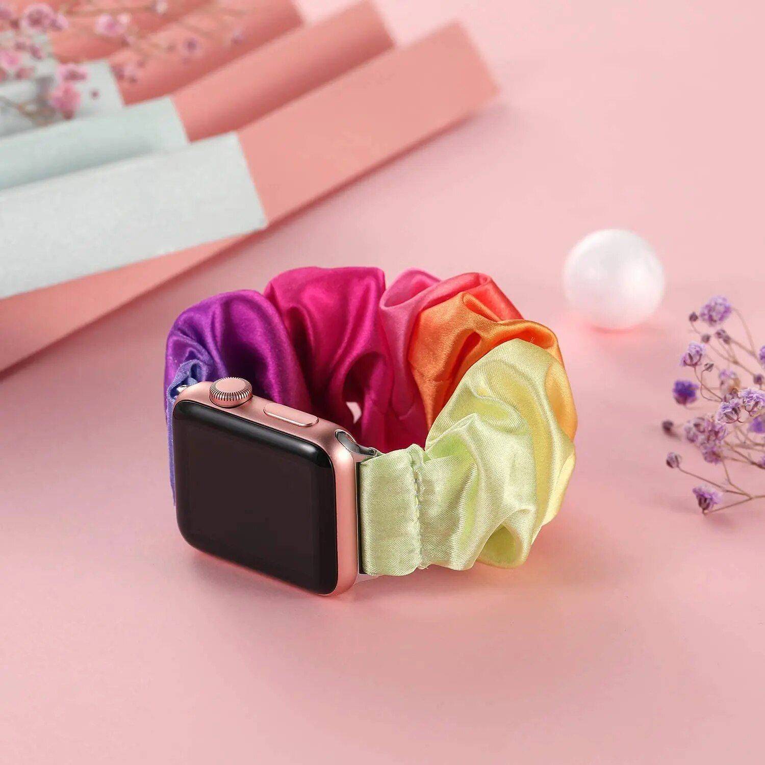 Elastic Scrunchie Apple Watch Band - Nylon Solo Loop Bracelet for All Series Best Sellers Gadgets Smartwatches & Accessories Band Color : Black Gray flower|Silver gold|Black|Butterfly blue|Purple gold|White red flower|Black daisy flower|Black red flower|Rainbow|Black gold|Yellow black gold|White Black dot|Cheetah|Black White dot|Butterfly gold|Turmeric gold|Pink red gold 