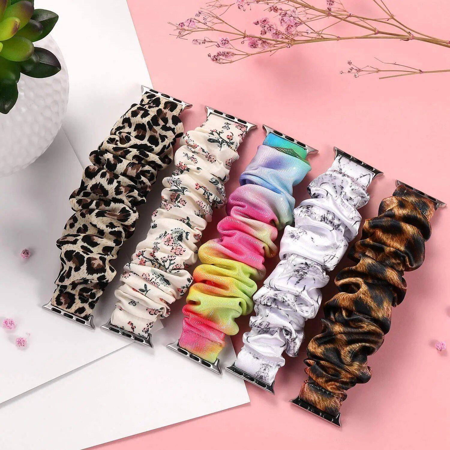 Elastic Scrunchie Apple Watch Band - Nylon Solo Loop Bracelet for All Series Best Sellers Gadgets Smartwatches & Accessories Band Color : Black Gray flower|Silver gold|Black|Butterfly blue|Purple gold|White red flower|Black daisy flower|Black red flower|Rainbow|Black gold|Yellow black gold|White Black dot|Cheetah|Black White dot|Butterfly gold|Turmeric gold|Pink red gold 