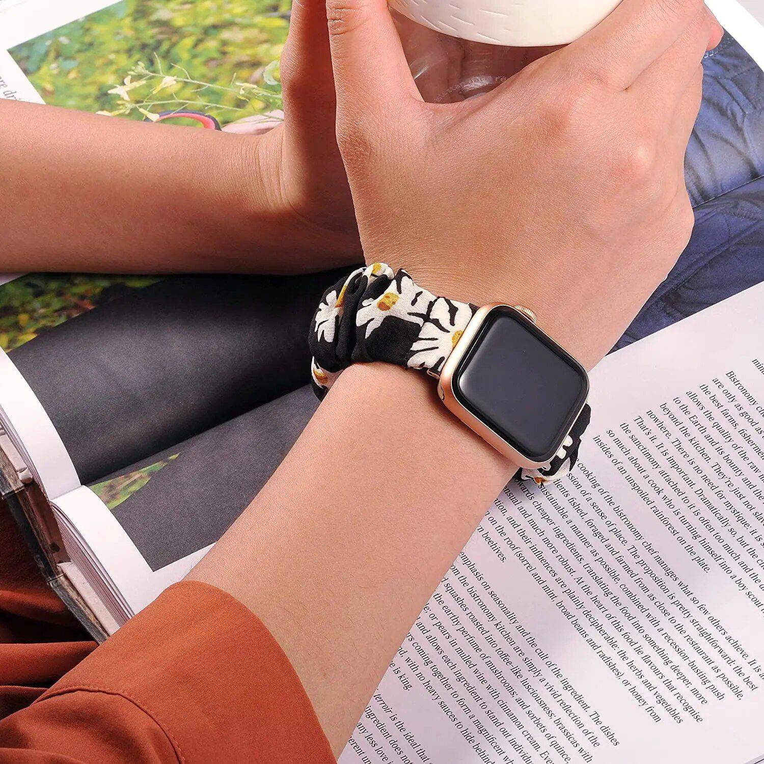 Elastic Scrunchie Apple Watch Band - Nylon Solo Loop Bracelet for All Series Best Sellers Gadgets Smartwatches & Accessories Band Color : Black Gray flower|Silver gold|Black|Butterfly blue|Purple gold|White red flower|Black daisy flower|Black red flower|Rainbow|Black gold|Yellow black gold|White Black dot|Cheetah|Black White dot|Butterfly gold|Turmeric gold|Pink red gold 