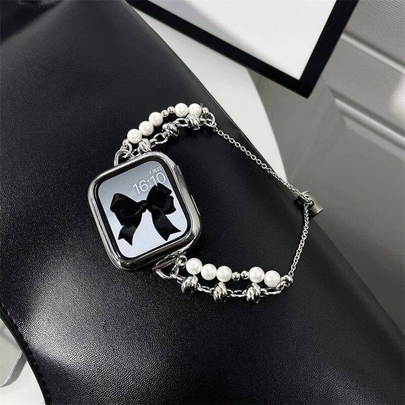 Luxury Pearl Metal Link Apple Watch Band - Elegant Bracelet Strap Gadgets Smartwatches & Accessories Color : Black|Silver|Gold 