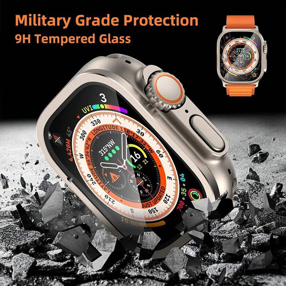 49mm Aluminum Alloy Watch Case with HD Tempered Glass Screen Protector for Apple Watch Ultra Gadgets Smartwatches & Accessories Color : blue|Titanium gold|silver|gold|black|scale orange|orange|purple|scale Titanium|scale black 