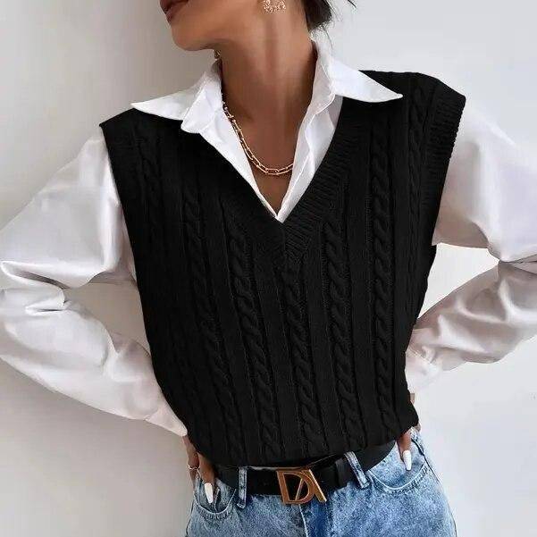 Chic Autumn & Winter Sleeveless Knit Sweater Vest for Women Gadgets TikTok Specials Color : Black|Khaki 