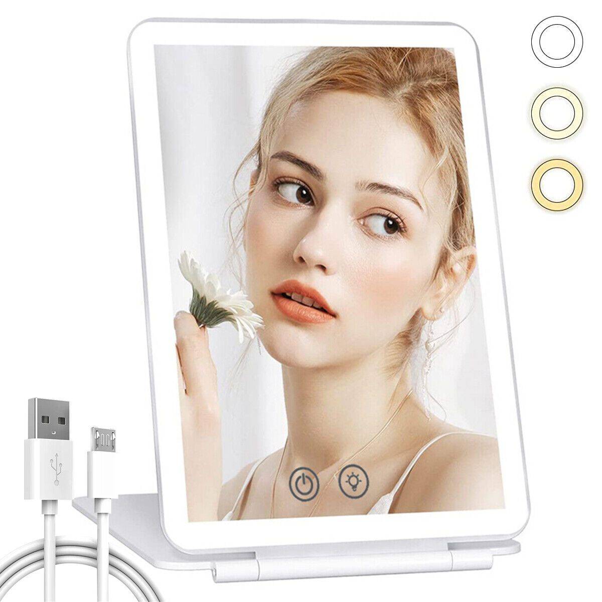 Touch Screen LED Makeup Mirror - Foldable, 3-Color Lighting, USB Rechargeable Gadgets Color : White|Black|Pink 