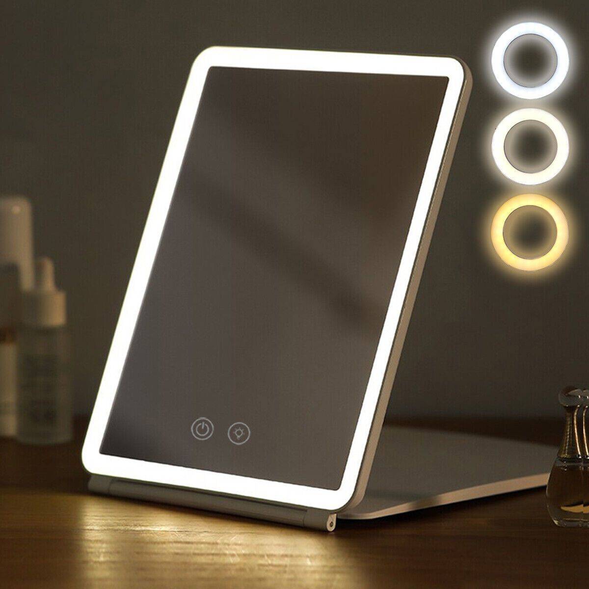 Touch Screen LED Makeup Mirror - Foldable, 3-Color Lighting, USB Rechargeable Gadgets Color : White|Black|Pink 