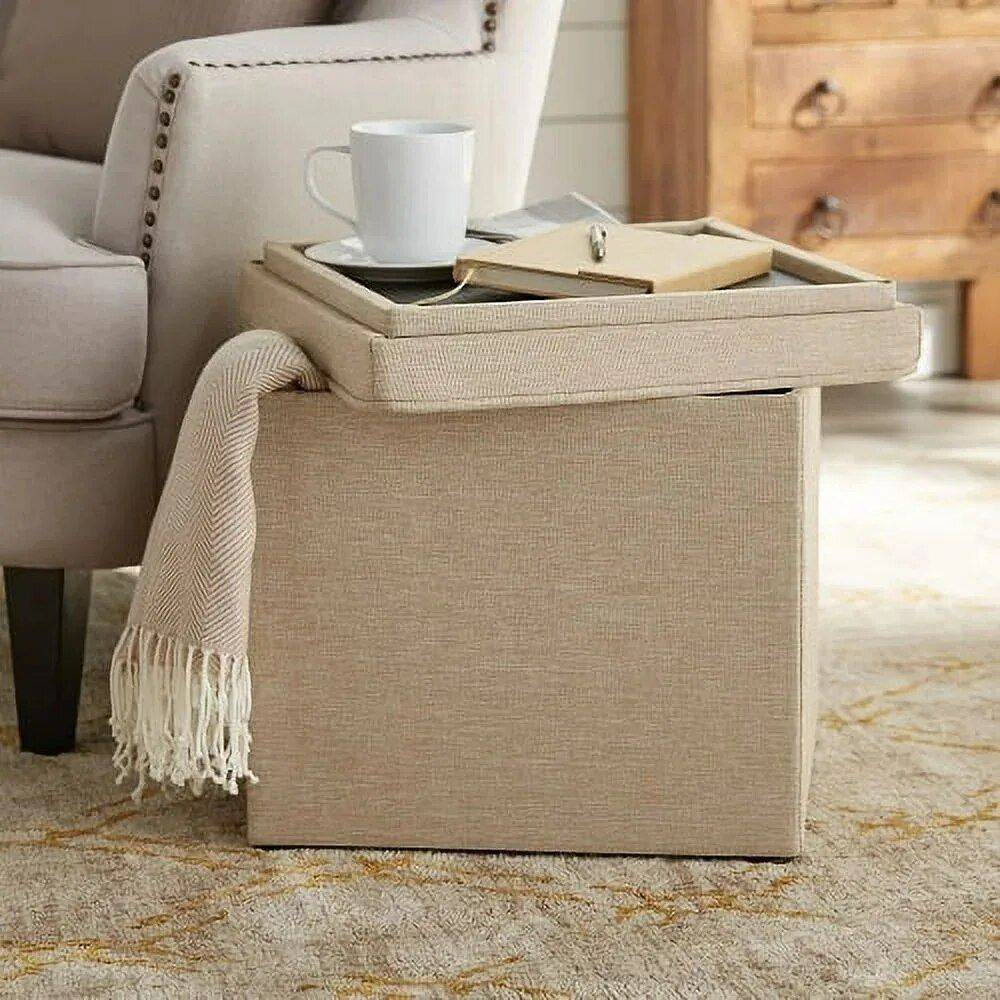 Multi-Functional Tan Storage Ottoman with Tray Furniture  