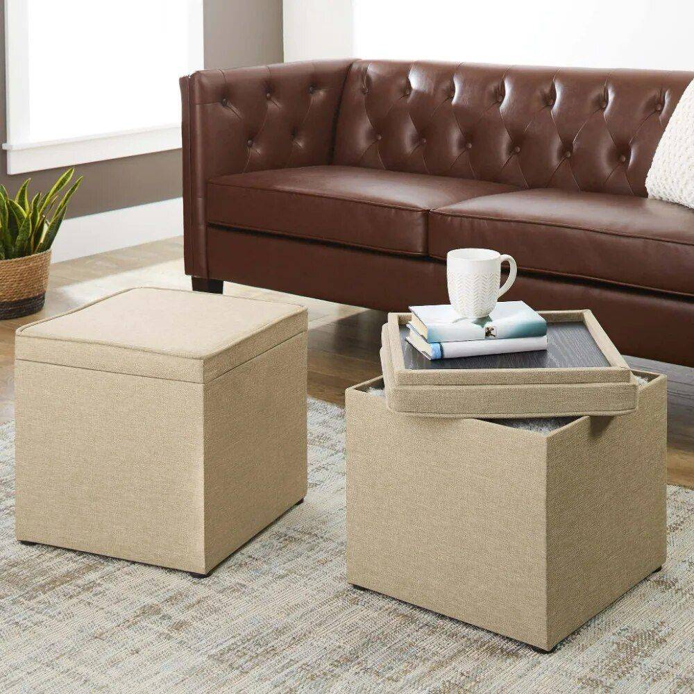 Multi-Functional Tan Storage Ottoman with Tray Furniture  