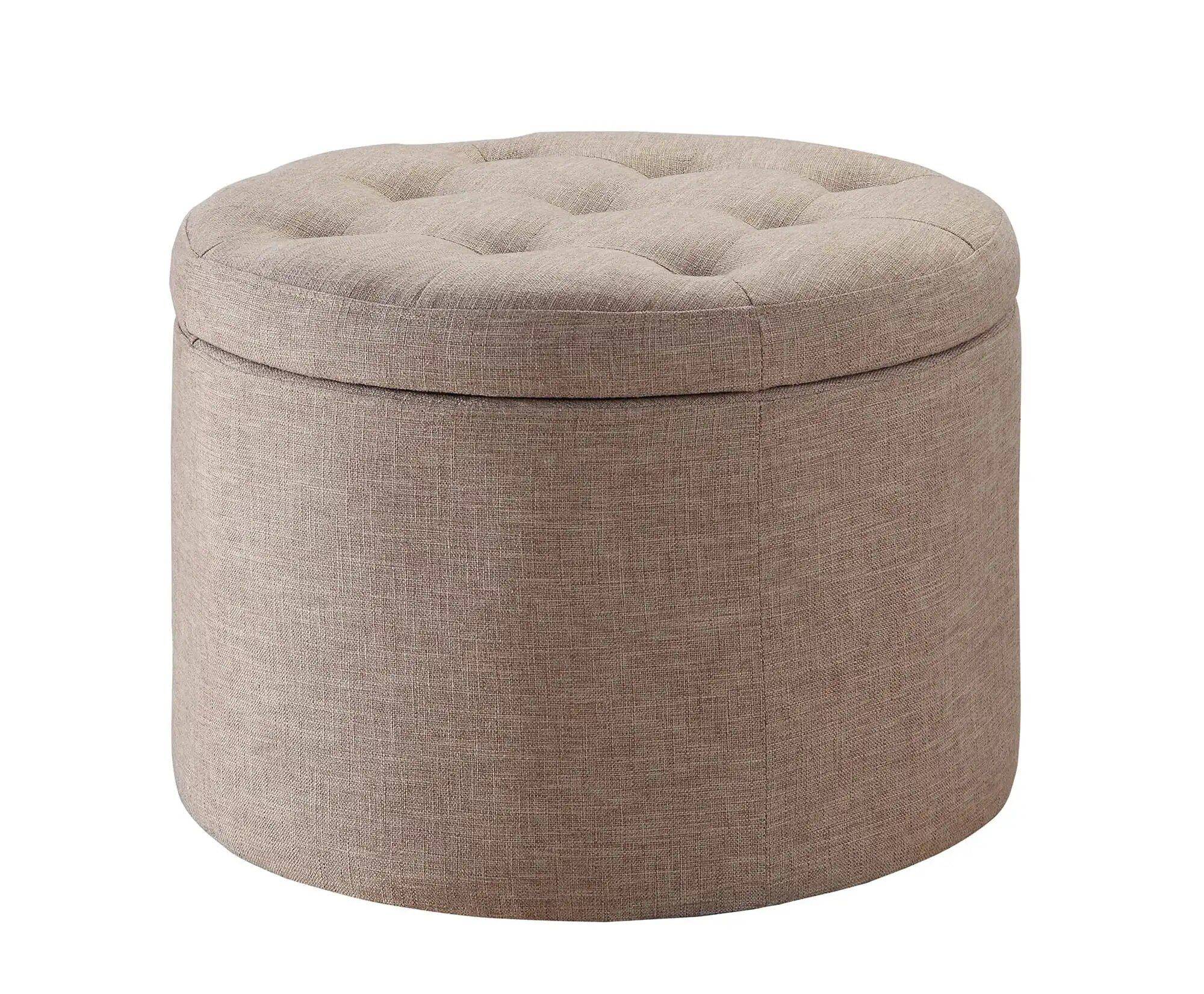 Elegant Tan Fabric Round Ottoman with Shoe Storage and Removable Lid Furniture  