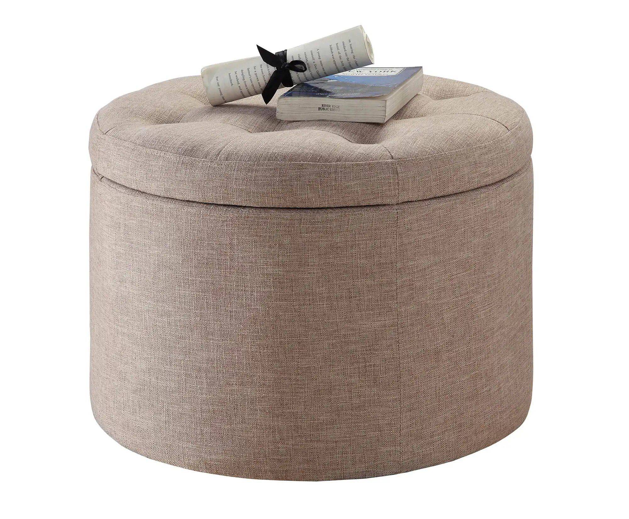 Elegant Tan Fabric Round Ottoman with Shoe Storage and Removable Lid Furniture  